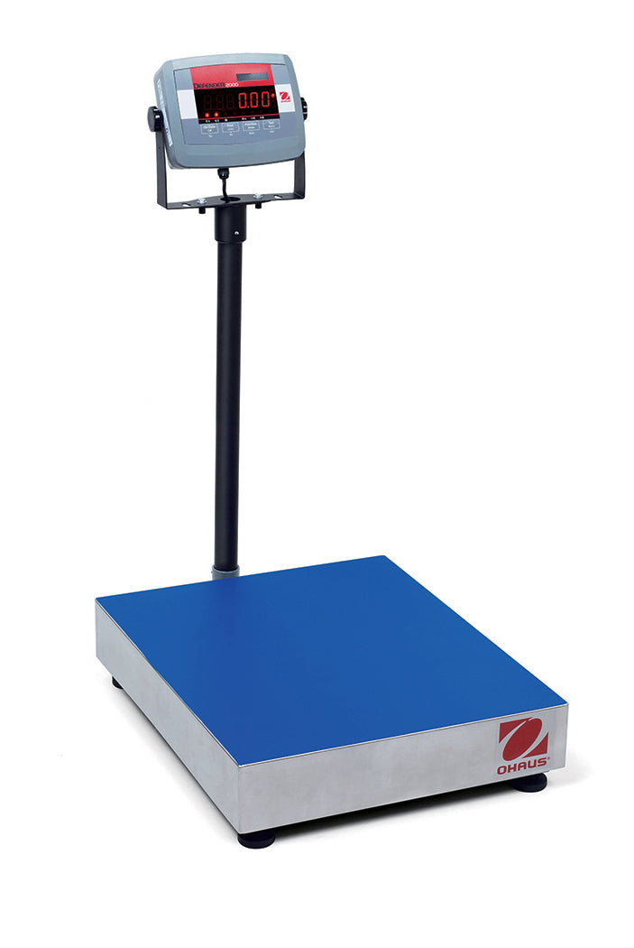 Stativwaage Defender 2000 von Ohaus, mit Netz- und Akkubetrieb, von 30 kg bis 60 kg, Edelstahl Wiegefläche 300 x 350 mm
