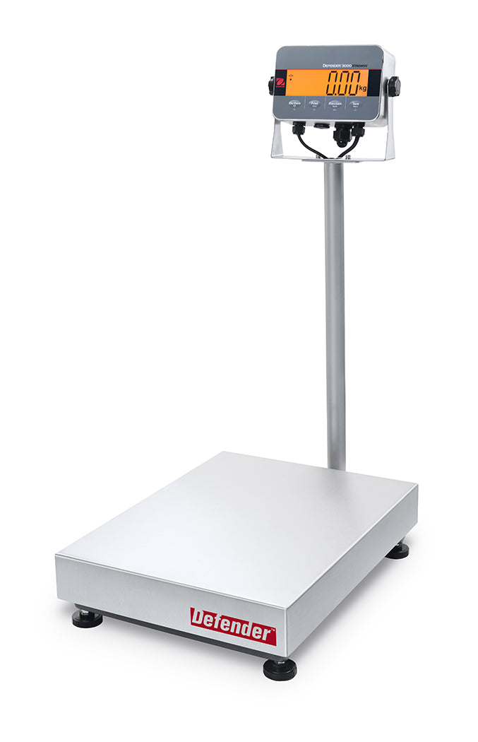 Stativwaage von Ohaus, Defender Hybrid 3000, mit Netz- und Akkubetrieb, von 60 kg bis 150 kg, Edelstahl Wiegefläche 420 x 550 mm