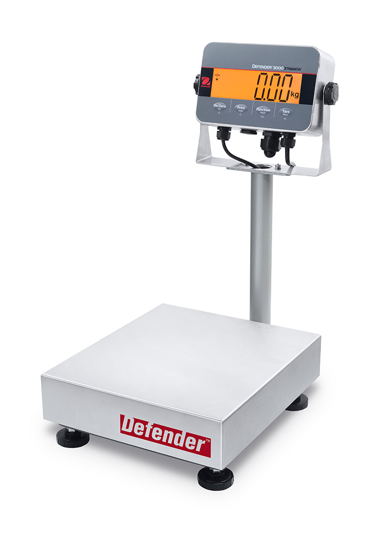 Stativwaage von Ohaus, Defender Hybrid 3000, mit Netz- und Akkubetrieb, von 15 kg bis 60 kg, Edelstahl Wiegefläche 305 x 355 mm
