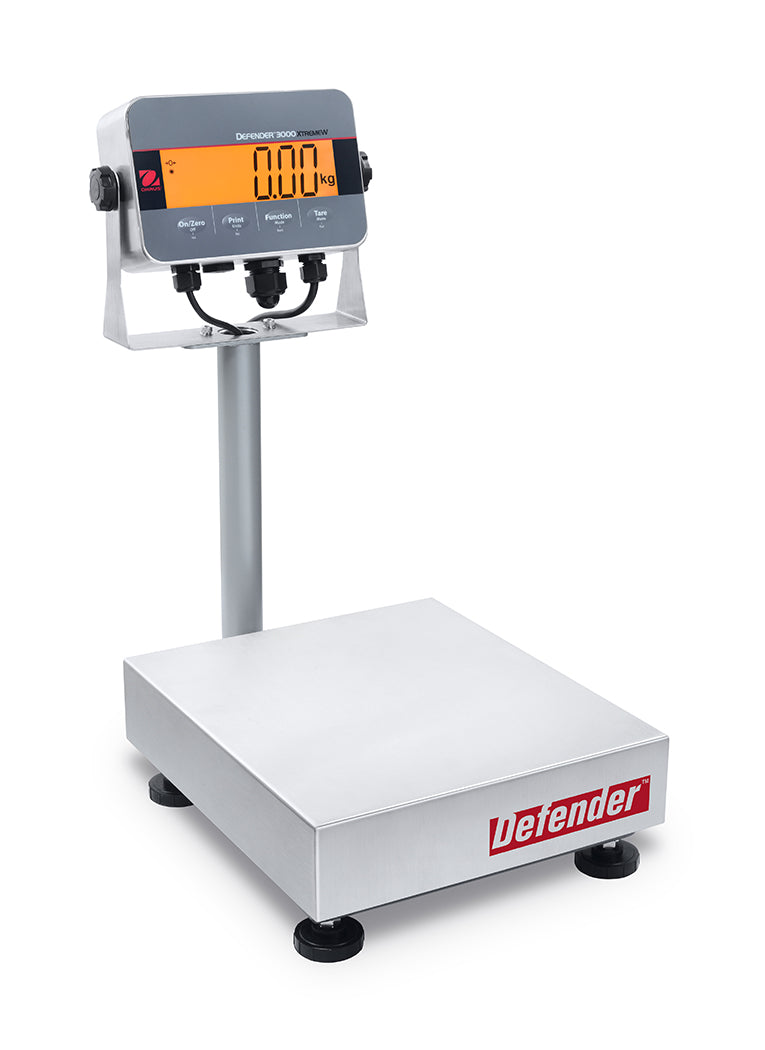 Stativwaage von Ohaus, Defender Hybrid 3000, Geeichte Ausführung mit Netz- und Akkubetrieb, von 15 kg bis 60 kg, Edelstahl Wiegefläche 305 x 355 mm