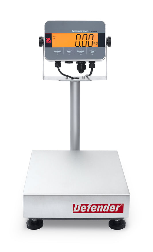 Stativwaage von Ohaus,  Defender Hybrid 3000, mit Netz- und Akkubetrieb, von 15 kg bis 60 kg, Edelstahl Wiegefläche 305 x 355 mm