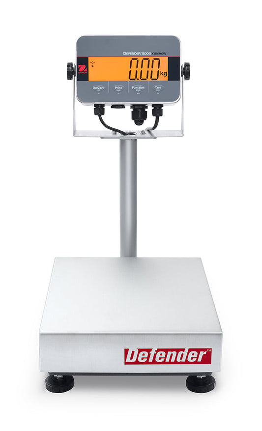 Stativwaage von Ohaus,  Defender Hybrid 3000, Geeichte Ausführung mit Netz- und Akkubetrieb, von 15 kg bis 60 kg, Edelstahl Wiegefläche 305 x 355 mm